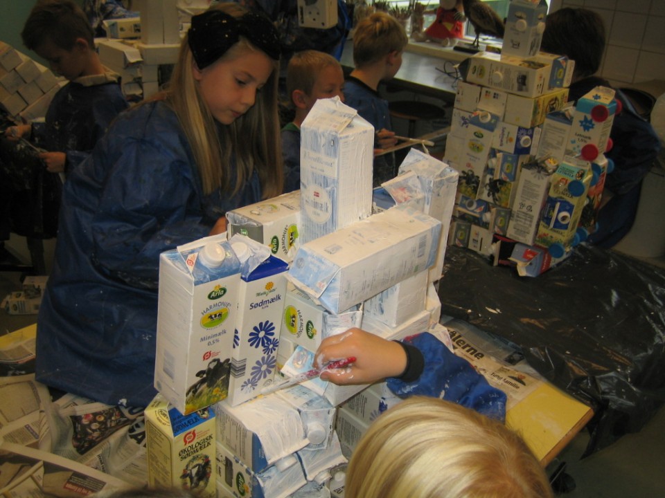 Danish students making spaceships of milk boxes.